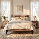 LIKIMIO Full Bed Frames, Storage Headboard with Charging Station, Solid and Stable, Noise Free, No Box Spring Needed, Easy Assembly, Wood and Cream