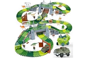TANMGIN Dinosaur Toys, Dinosaur Race Track for Kids 3-5, Flexible Train Track Playset with Dinos & Cars, Toddler Toys for Ages 3 4 5 6 7 8 9 Year Old Boys Girls, Party Favor Birthday Gift
