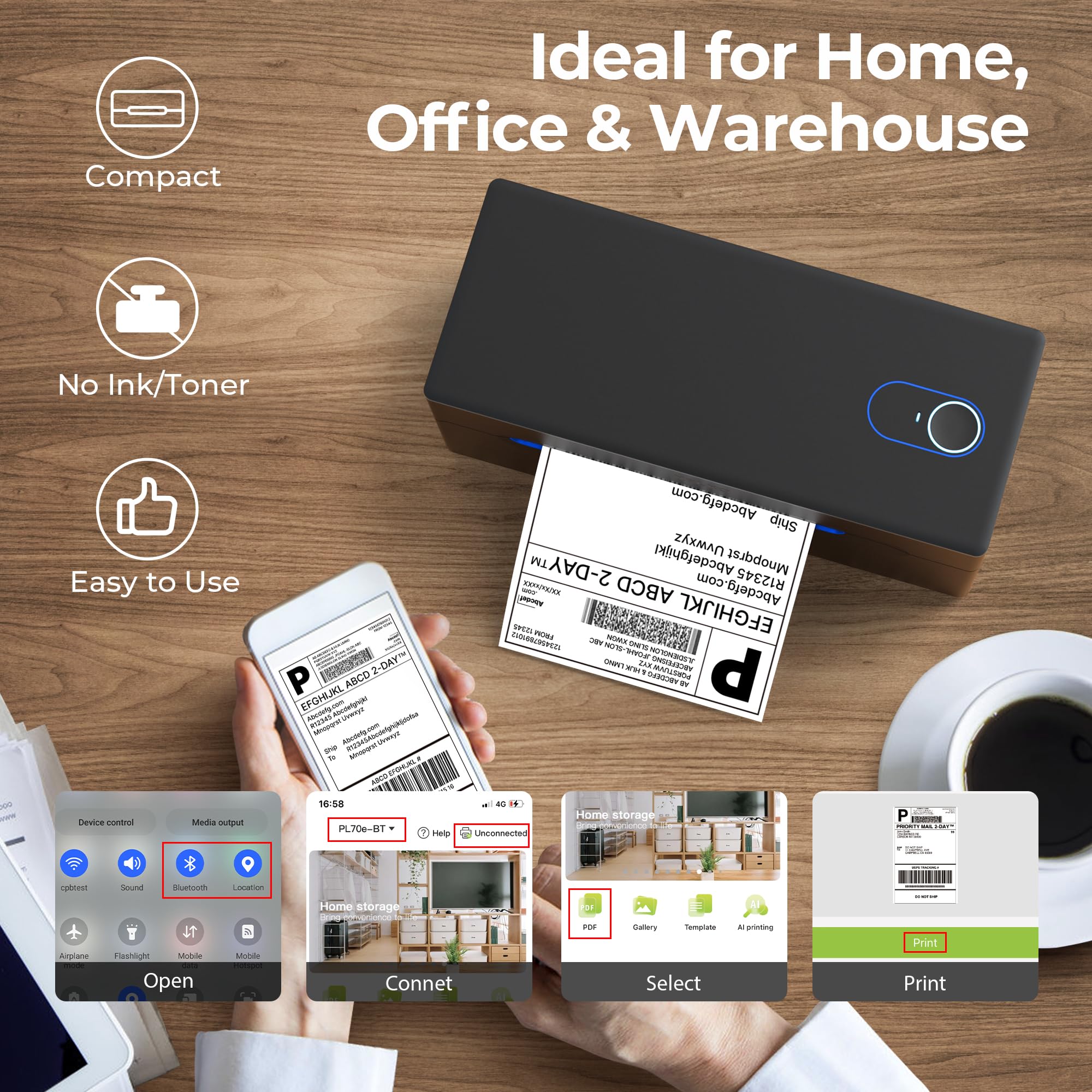 Nelko Bluetooth DHL Etikettendrucker, Labeldrucker 4x6 Versandetiketten Drucker Bluetooth Thermal Printer für Shopify Zalando Amazon UPS, unterstützt Android/iOS und Windows/Mac/Chrome, Black 9