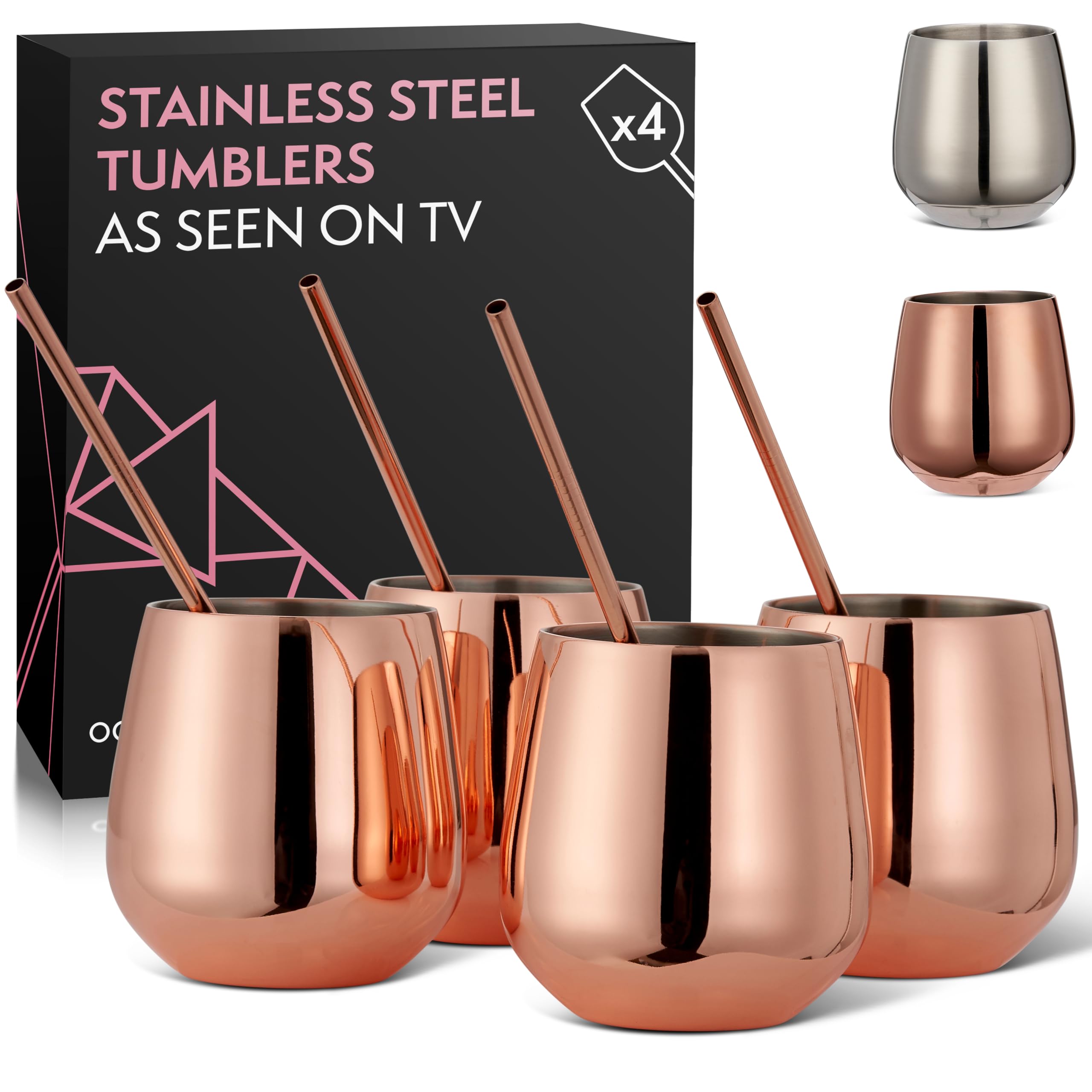 Oak & Steel - 4 Elegant Stainless Steel Stemless Wine Glasses Gift Set, with 4 Reusable Straws and Cleaning Brush, Shatterproof Wine Tumblers for Gin, Cocktails, Party - 350ml (Rose Gold)