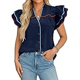 Tankaneo Womens Ruffle Short Sleeve Blouse V Neck Button Down Shirts Color Block Trendy Casual Tops