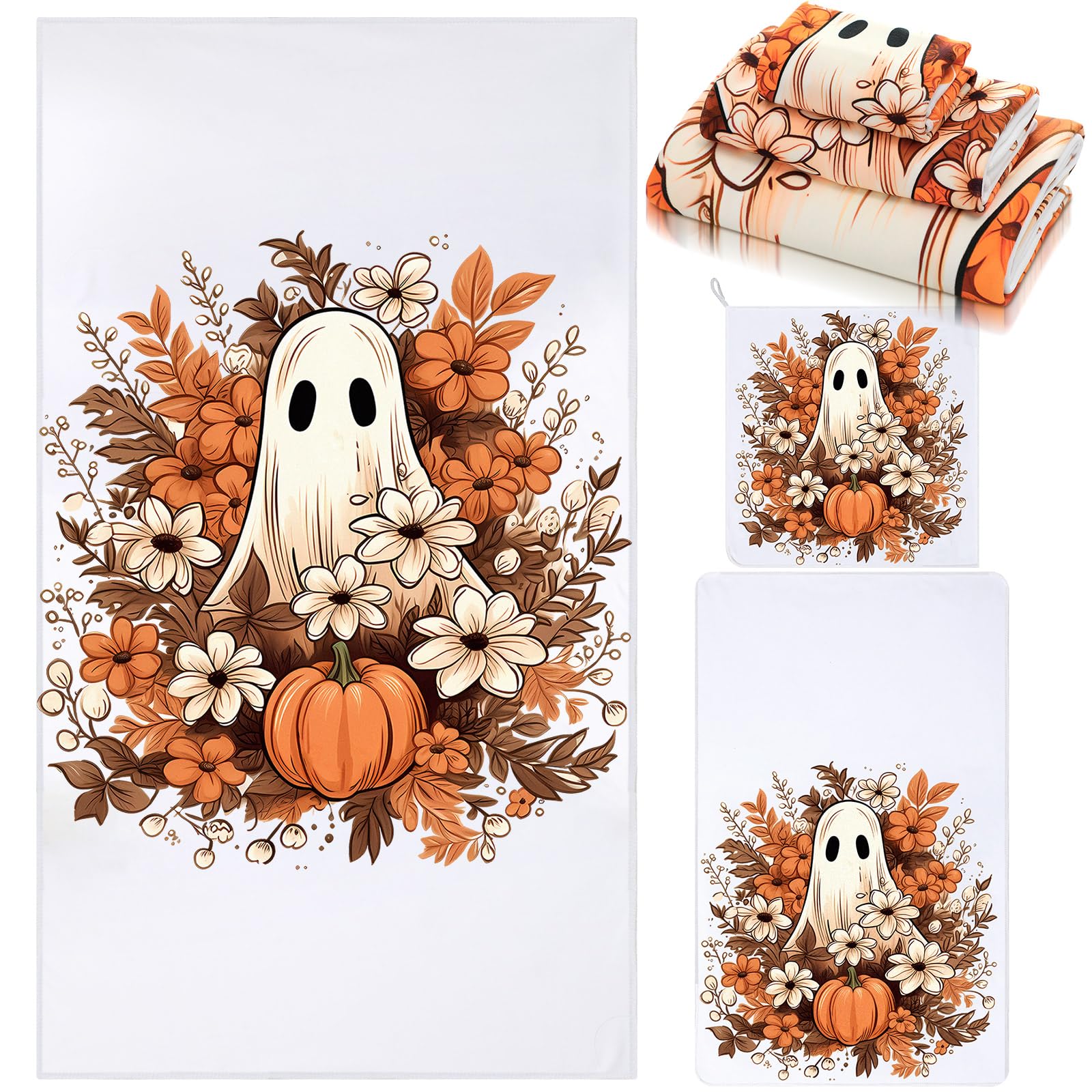Photo 1 of Preboun 3 Pack Halloween Ghost Pumpkin Bathroom Towels Set Cute Fall Floral Spooky Ghost Hand Bath Towels Watercolor Pumpkins Dishes Absorbent Fingertip Towel for Bathroom Kitchen Hotel Beach Gym Spa