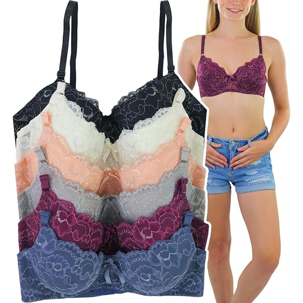 ToBeInStyle Women's Pack Of 6 Padded Bras – Assorted Styles, Underwire Support For Cup Sizes A To DDD