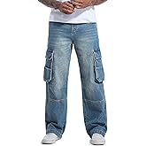 MZNBURAM Men's Non-Stretch Loose Fit Wide-Leg Baggy Cargo Jeans Pants