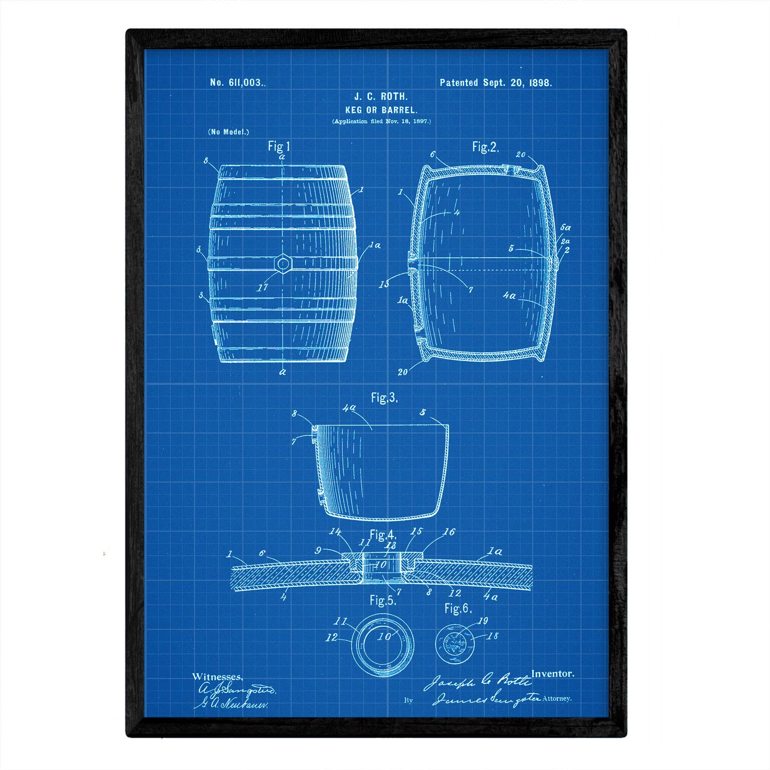 Nacnic Poster patent Barrel. Sheet with old design patent A3 size with blue background