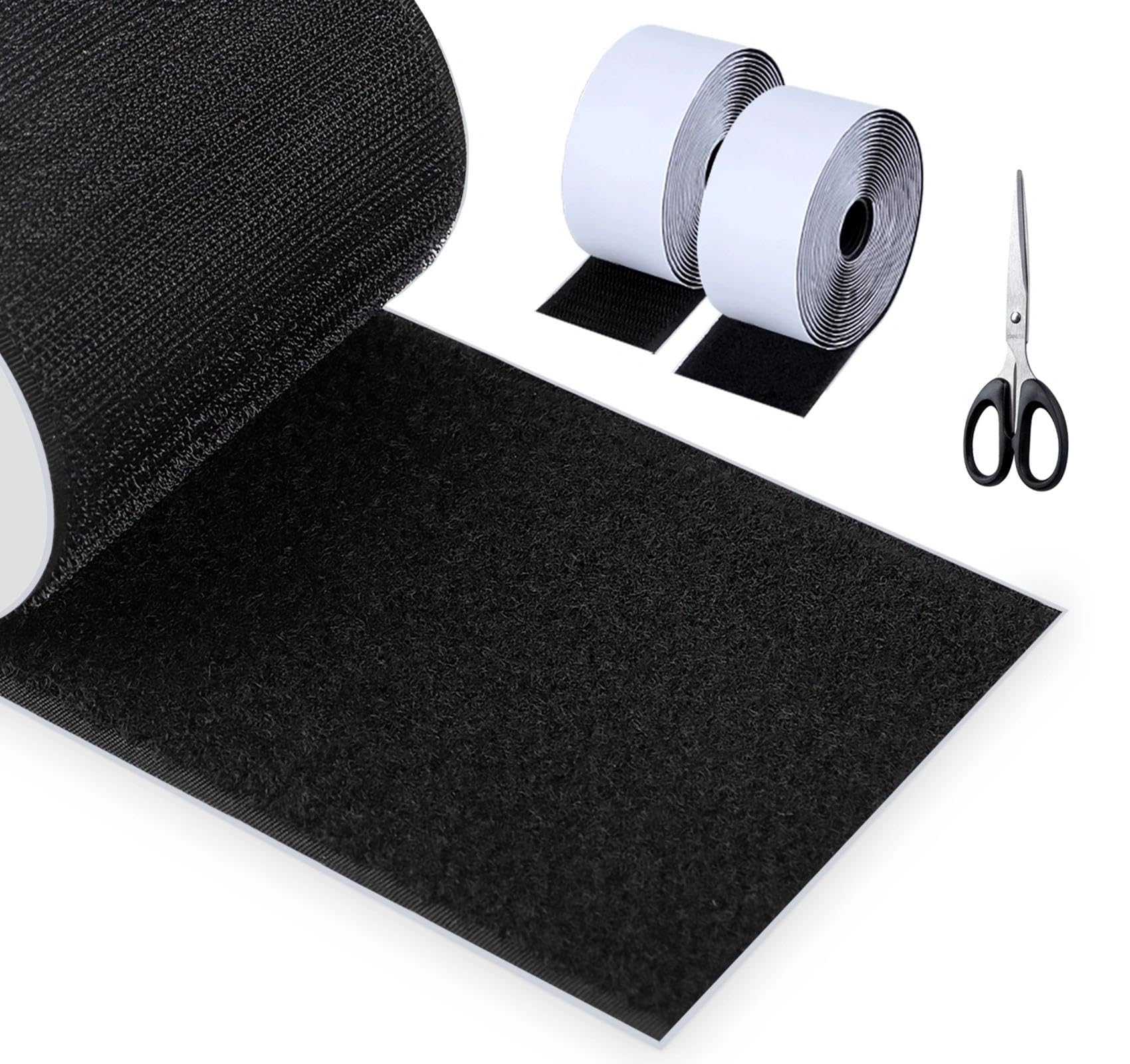 Self Adhesive Hook and Loop Tape, 50mm x 5M Non-Slip Couch Cushion Pad with Scissors, Black Double-Sided Sticky Tape Backed Fastening for Home, Office & DIY Crafts