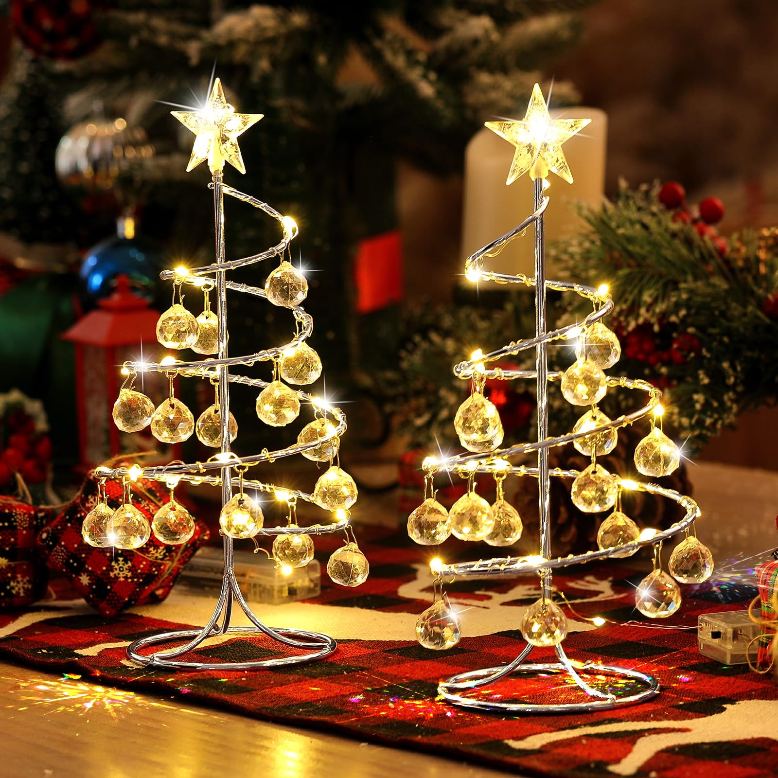 Photo 1 of Riakrum 2 Pack Christmas Tree Lamp 10.8'' Battery Operated Crystal Spiral Christmas Tree Lights Desk Christmas Tree with Glittering Star Metal Stand Xmas Gift for Christmas Home Indoor Decoration