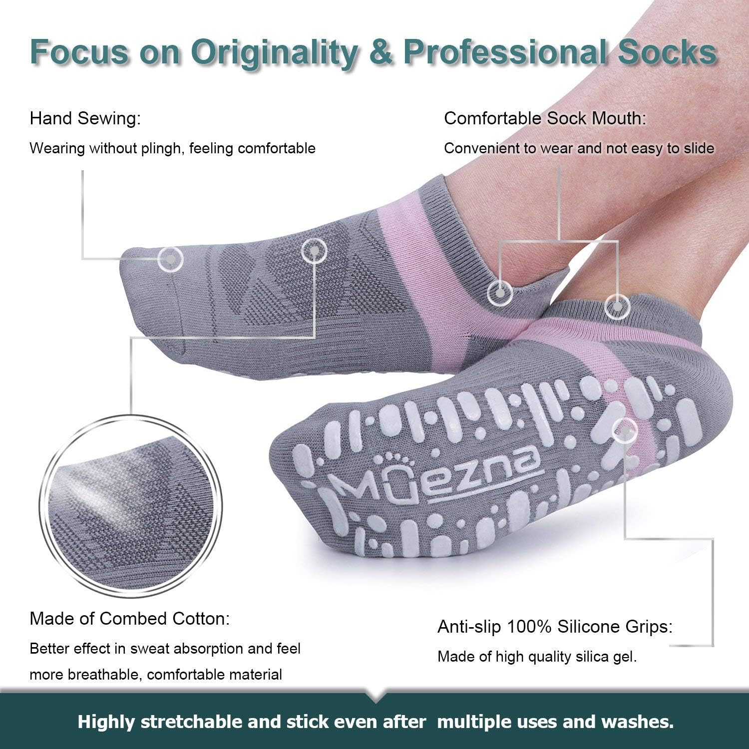 Muezna Non Slip Yoga Socks for Women Anti-skid Pilates Barre Bikram Studio Socks with Grips…, 2 Pack - Black/Gray, 5-10 - Image 4