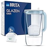 BRITA Glass Water Filter Jug Light Blue (2.5L) Starter Pack inc. 3X MAXTRA PRO All-in-1 Cartridge - Premium Glass jug with Easy-Filling Flip-Lid and Indicator - in Sustainable Smart Box Packaging