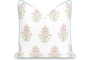 Hofdeco Premium Coastal Patio Indoor Outdoor Throw Pillow Cover Only, 18"x18" Water Repellent for Backyard, Couch, Pink Green Baby Blue Floral with Piping