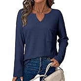 Dokotoo Womens Tops Waffle Knit Long Sleeve Notched V Neck Shirts Casual Trendy Solid Color Loose Blouses