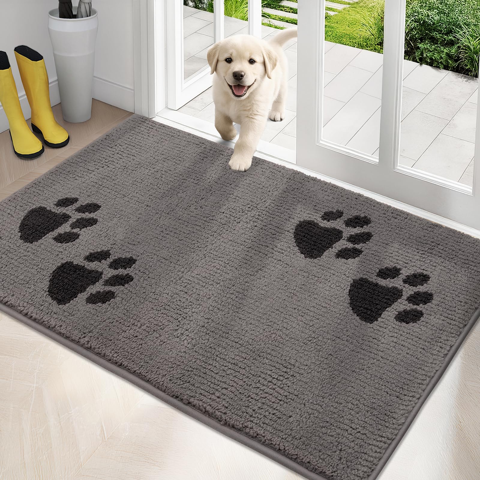 PURRUGS Dirt Trapping Door Mat 34" x 59", Non-Skid/Slip Machine Washable Microfiber Entrance Rug, Shoes Scraper, Dog Doormat, Super Absorbent Floor Mat for Muddy Wet Shoes and Paws, Light Grey Image