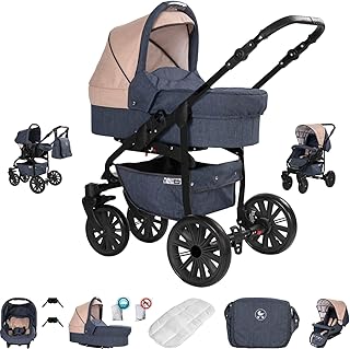 Friedrich Hugo Berlin | 3 in 1 Kombi Kinderwagen Komplettset | GEL Reifen | Farbe: Dark Blue and Beige Night