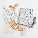 Miaoberry Forest Organic Muslin Swaddle Blankets for Baby Boy with Matching Hat and Wooden Hello World Newborn Sign | Newborn Photography Props | Birth Announcement Sign