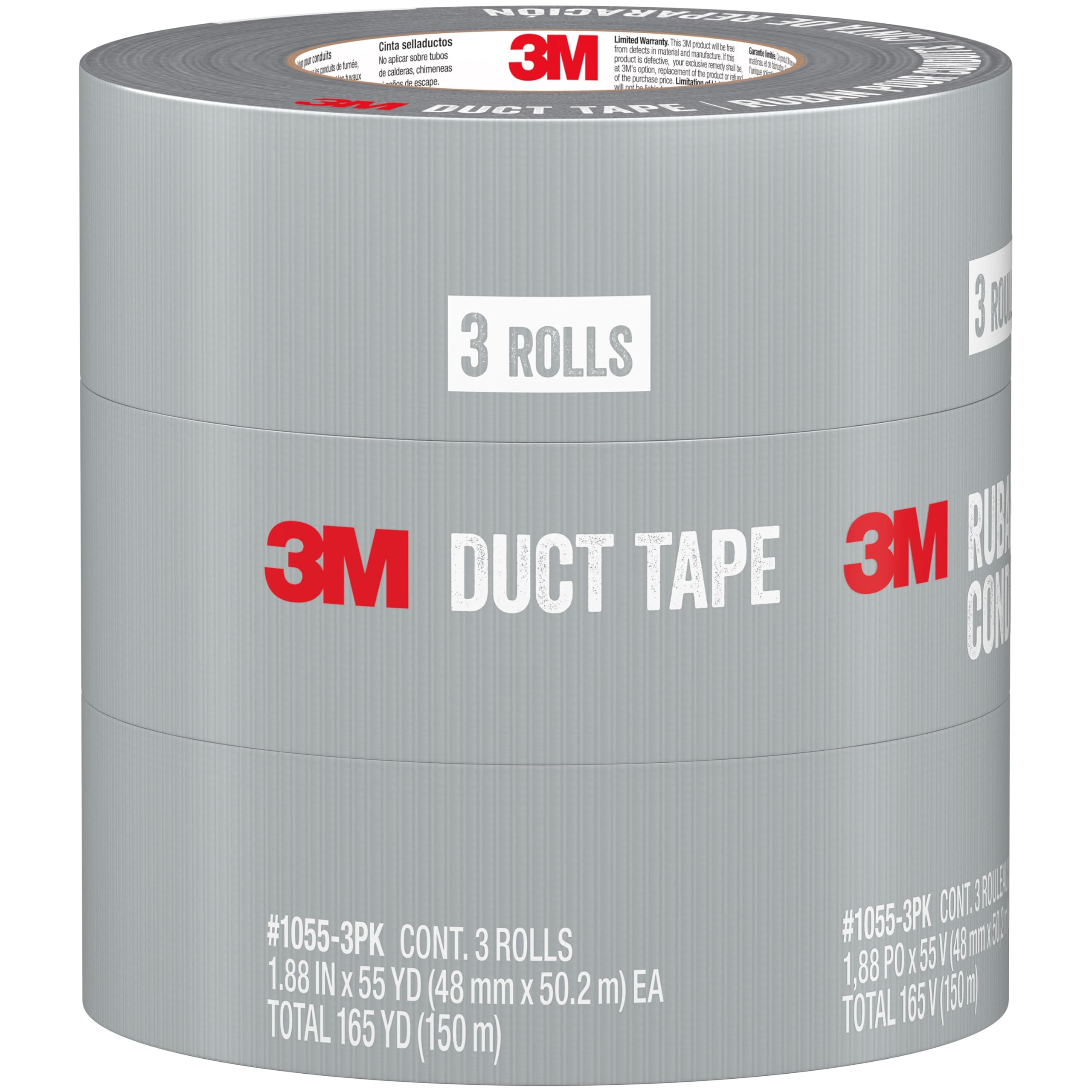 Photo 1 of 3M Duct Tape, 3 Rolls, 1.88 Inches x 55 Yards, Hand Tear, Bundle, Patch, Protect & Repair, Great Strength For Durability, Adheres To Multiple Surfaces (1055-3PK)