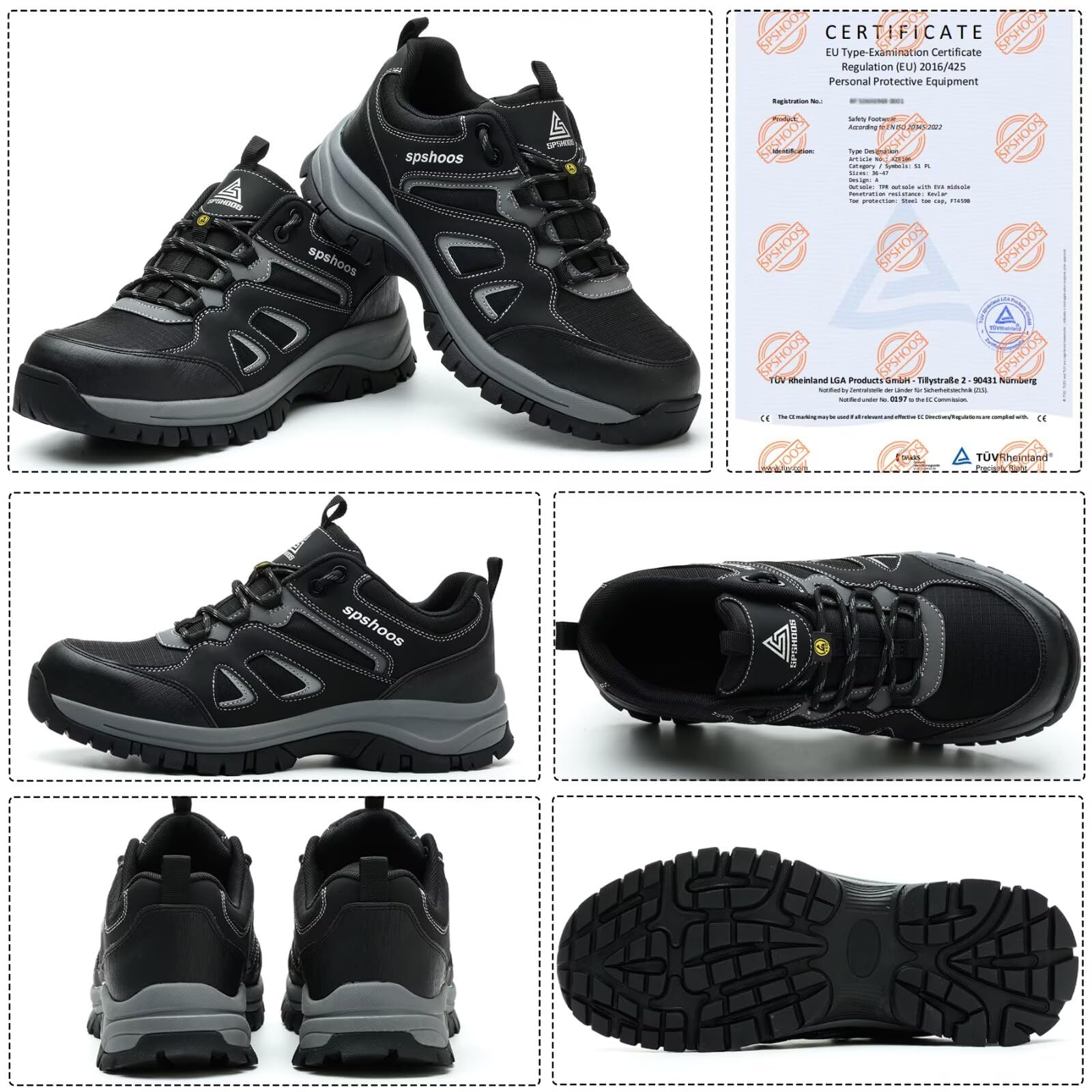 SPSHOOS Arbeitsschuhe Herren S1P Sicherheitsschuhe Damen ESD Schwarz EU 42 2