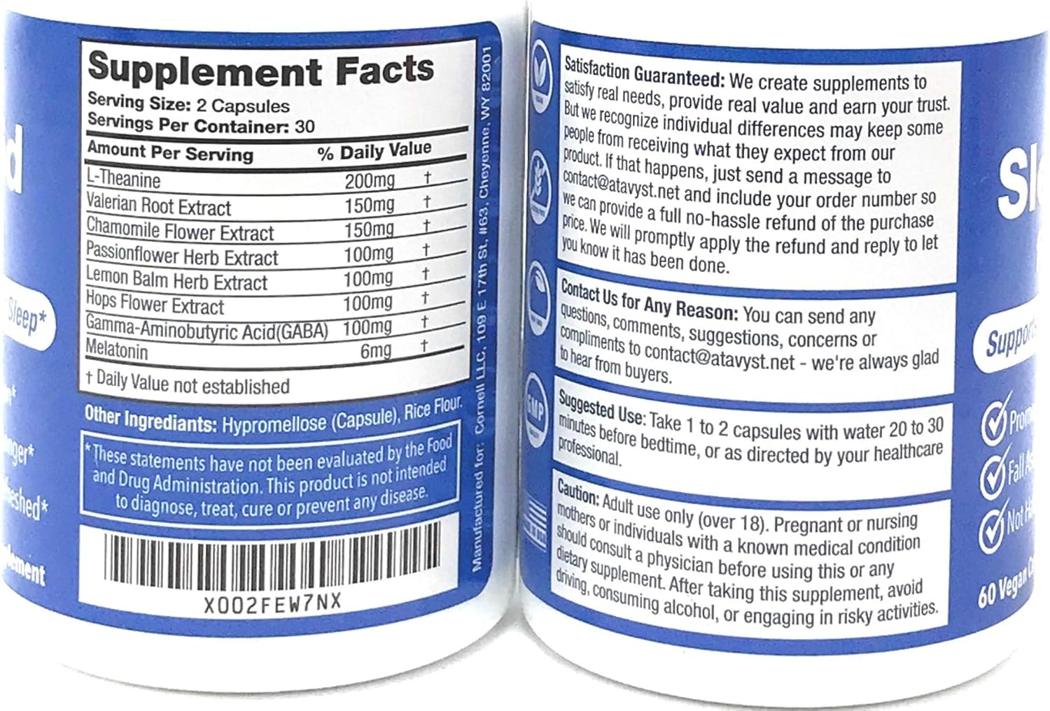 Atavyst Sleep Aid for Adults - Supports Relaxation, Calming and Sleep - Valerian Root, L-Theanine, Melatonin and GABA - Includes Extracts of Chamomile, Passion Flower, Lemon Balm and Hops: Health & Personal Care