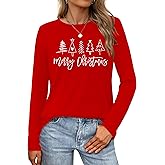 Christmas Shirts for Women: Merry Christmas Letter Print T-Shirts Xmas Tree Graphic Long Sleeve Tops