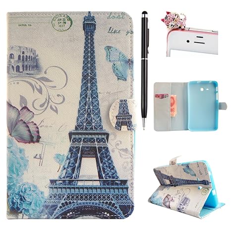 Felfy Slim Full Body Turm Schmetterling Muster PU Case Etui Schutz Hülle für Samsung Galaxy Tab 3 Lite T110 T111 T113 + 1x Pi