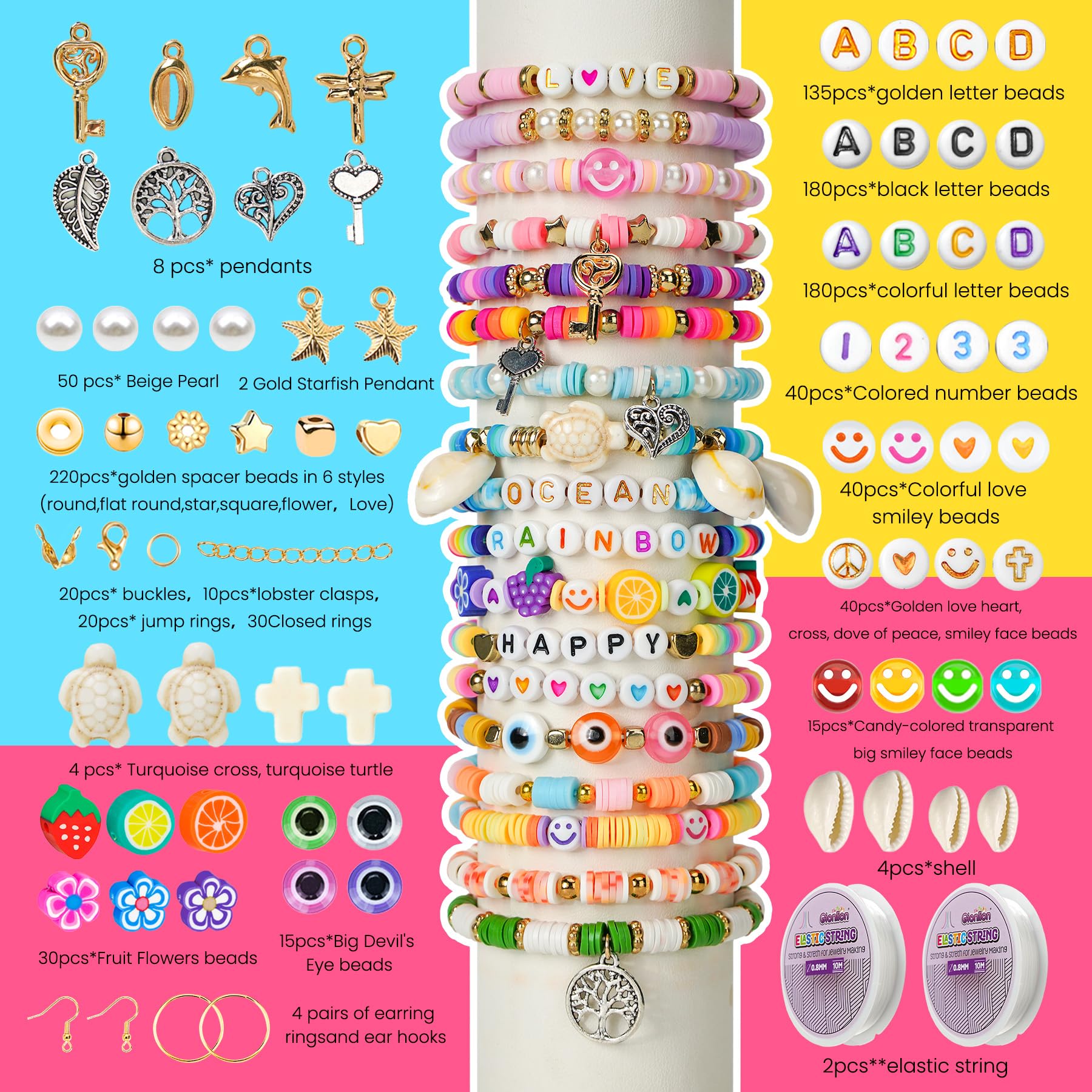 Gionlion 30,000 Pcs Clay Beads Bracelet Making Kit, 168 Colors 8 Boxes Flat Preppy Beads for Friendship Bracelets, Jewelry Kit with Pendant Charms Elastic String Crafts Gift for Adults Kids 6+