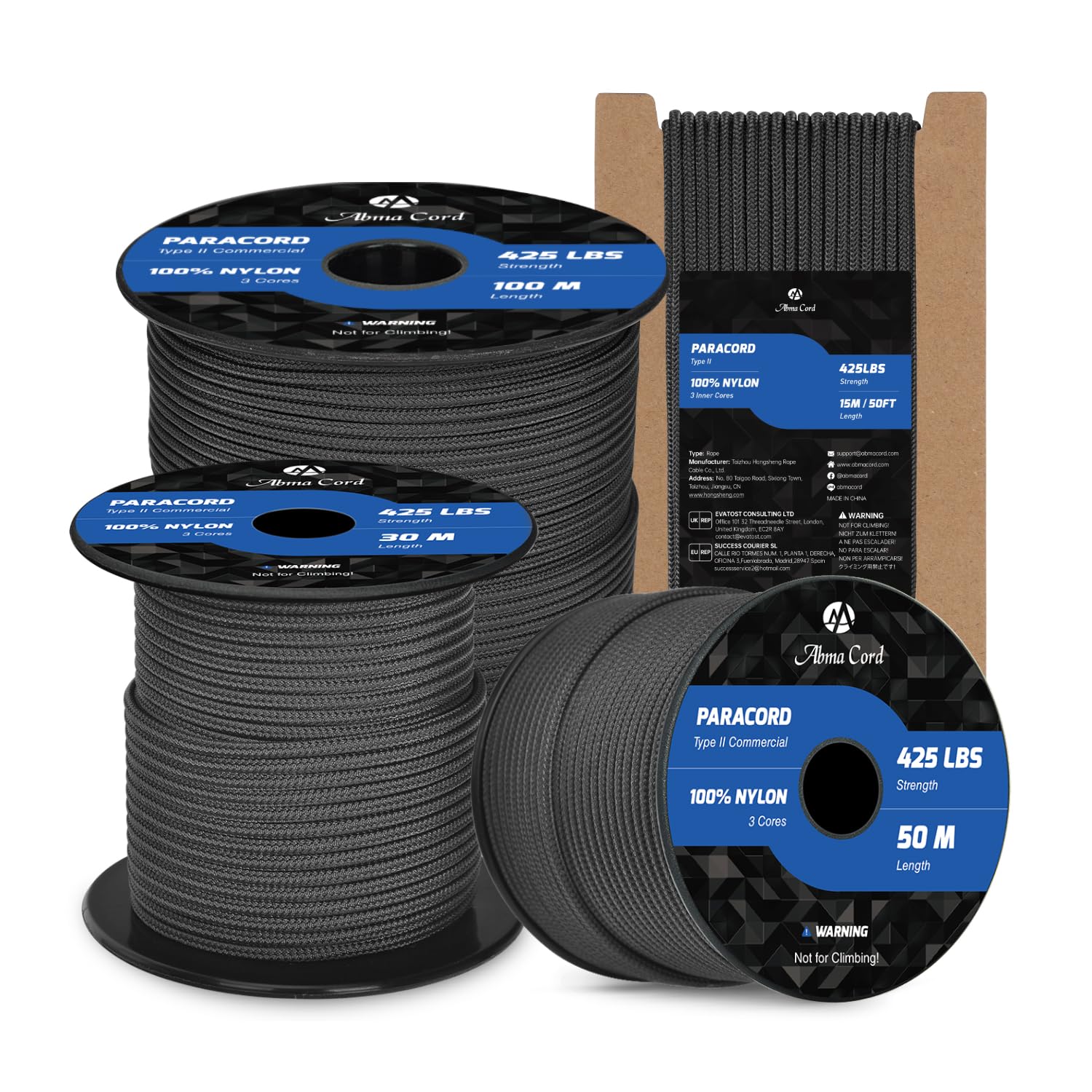 Abma Cord Paracord 3mm 100m 100% Nylon Rope Type II 3 Strands Parachute Cord - Max. 192kg (425lbs) - Black
