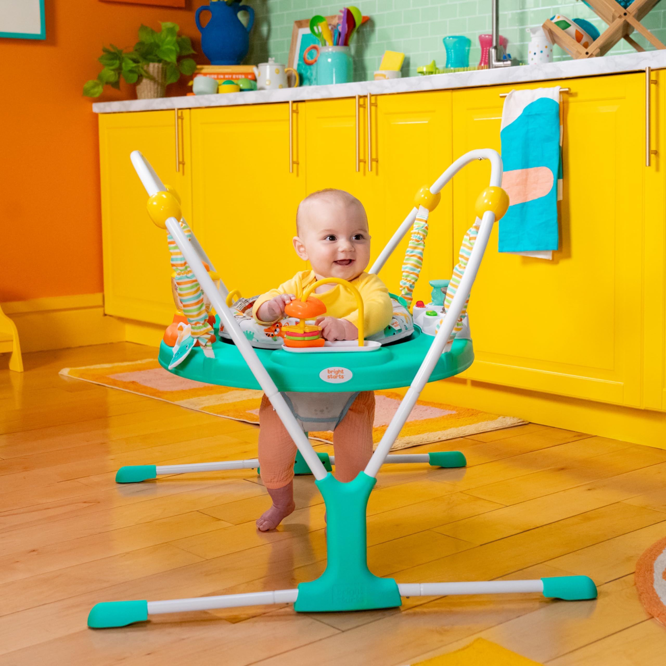 Bright Starts Cooking Up Fun Baby Activity Jumper with Music and Lights, Kitchen Role Play Toys, Unisex, 6 Months+, Up to 25 lbs