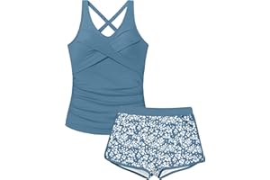 DONWEN Girls Tankini Swimsuits 2 Piece Criss Cross Ruched Swimwear Swim Shorts with Pockets Girl Bathing Suit for 9-16 Years