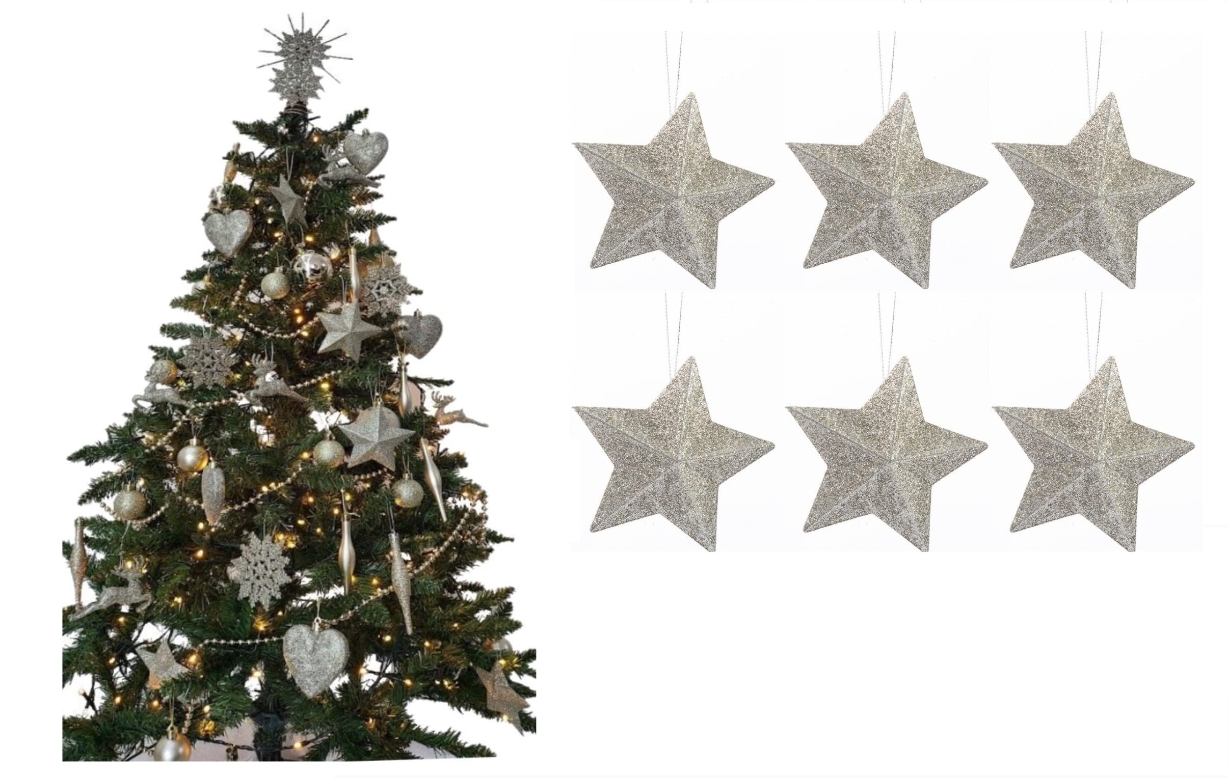 Pack of 6-8cm 3D Glitter Star Baubles Christmas Tree Decorations (Champagne (Gold)) — image 1
