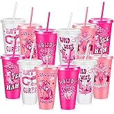 Chuangdi 12 Pcs Western Cowgirl Tumbler Set Reusable 24 oz Pink Cowgirl Plastic Cups with Lids and Straws for Birthday Party Baby Shower Last Rodeo Party Supplies