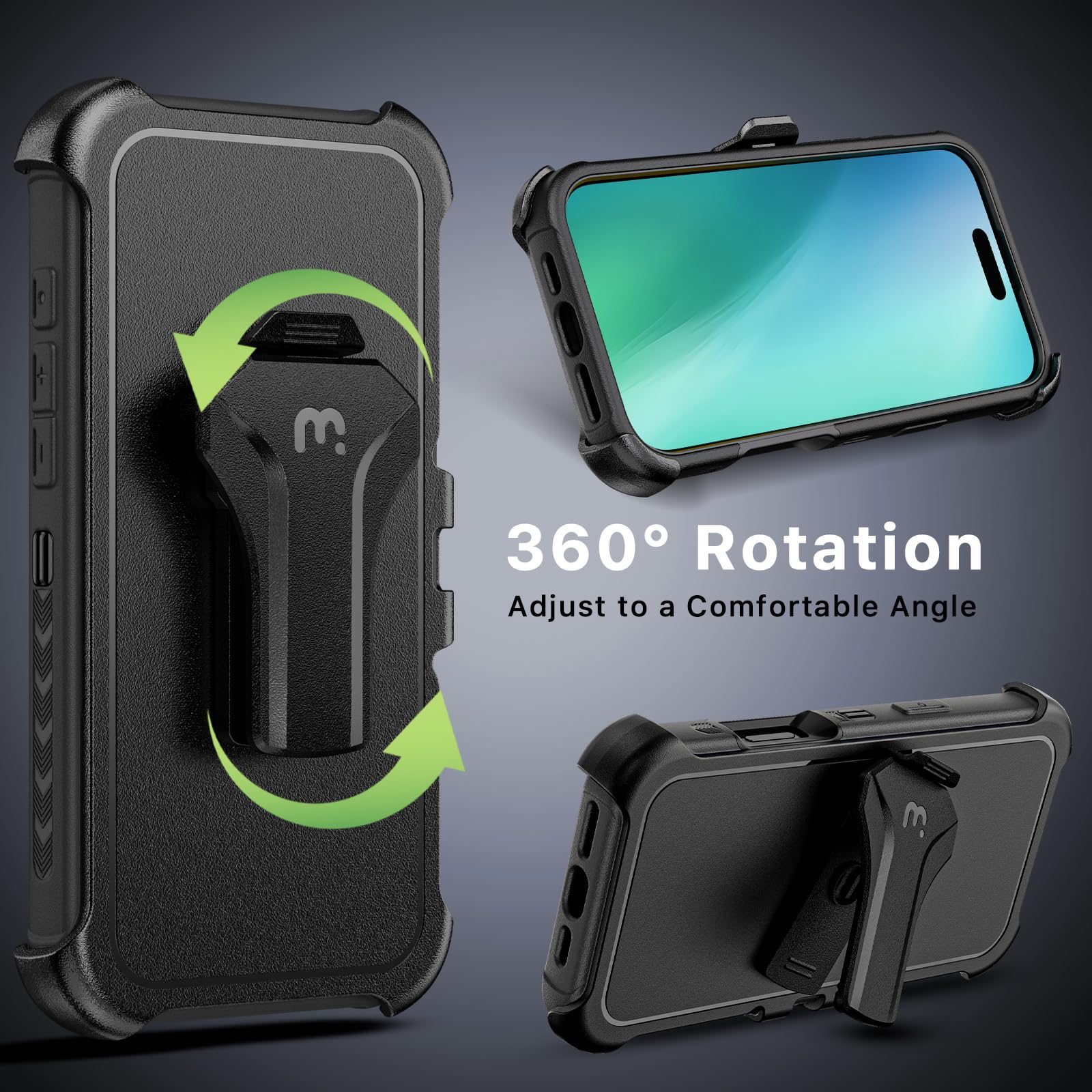 M MYBAT PRO Maverick Series iPhone 16 Plus 6.7 Case with Belt Clip Holster,[Compatible with Magsafe] w/Screen Protector,Anti-Drop,Shockproof,with 360°Rotating Kickstand,Heavy Duty Protection Black