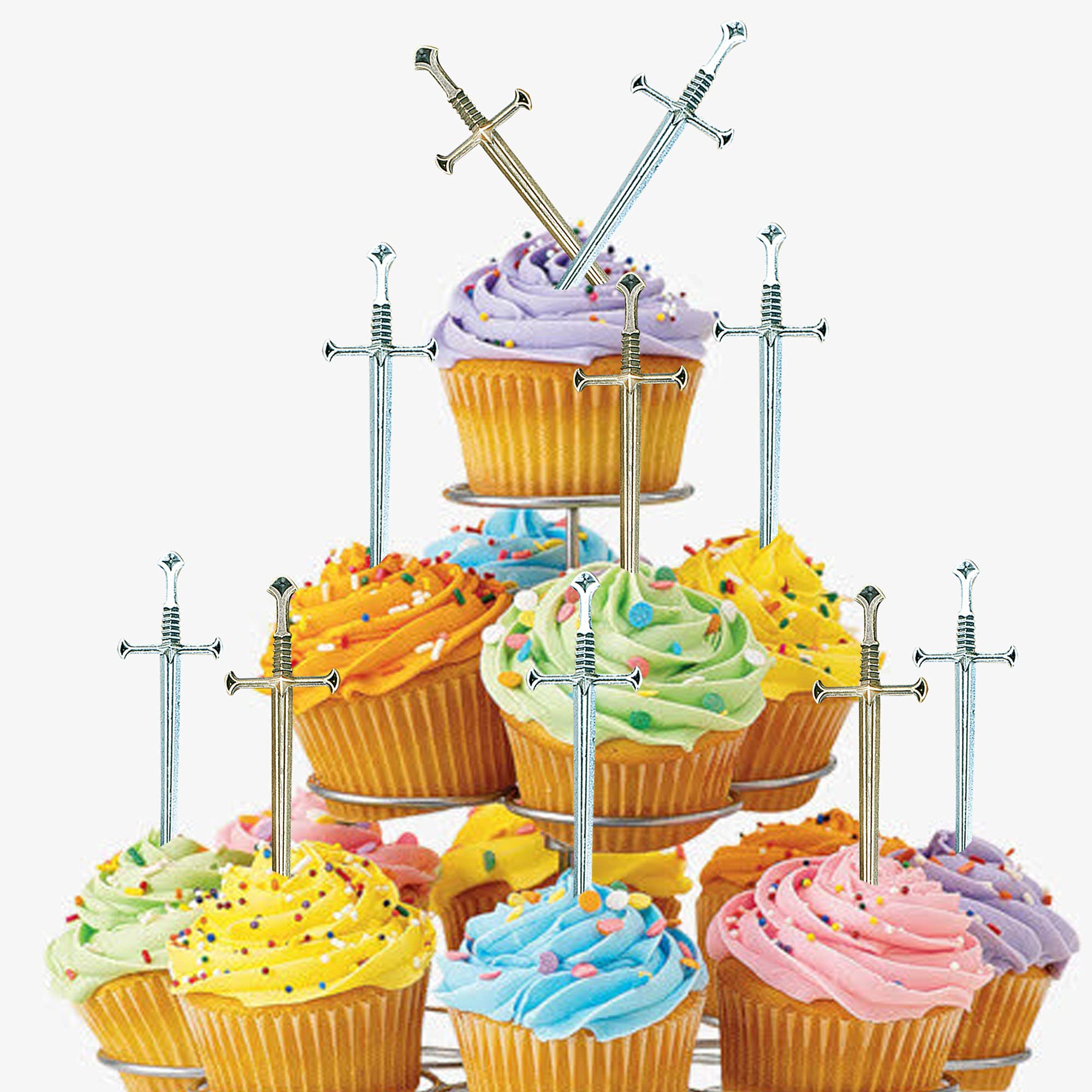 Photo 1 of Movie Game Theme Party Holy Communion Cake Topper Alloy Paladin Cross Long Sword Anime Peripheral Game Accessories Bronze 10Pcs and White Silver 10Pcs Cupcake Decoration 20Pcs