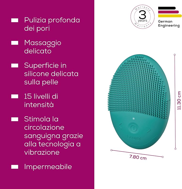 FC 52 Laguna Spazzola per il Viso Vibrante in Silicone, Pulizia Profonda dei Pori con Funzione Massaggio, Impermeabile, Adatta a Tutti i Tipi di Pelle