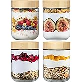 NETANY 4-pack 16oz Glass jars with Airtight Lids, Overnight Oats Containers with Bamboo Lids, Wide mouth Mason Salad jars, Glass Food Storage Containers for Snacks Yogurt Spice Sugar