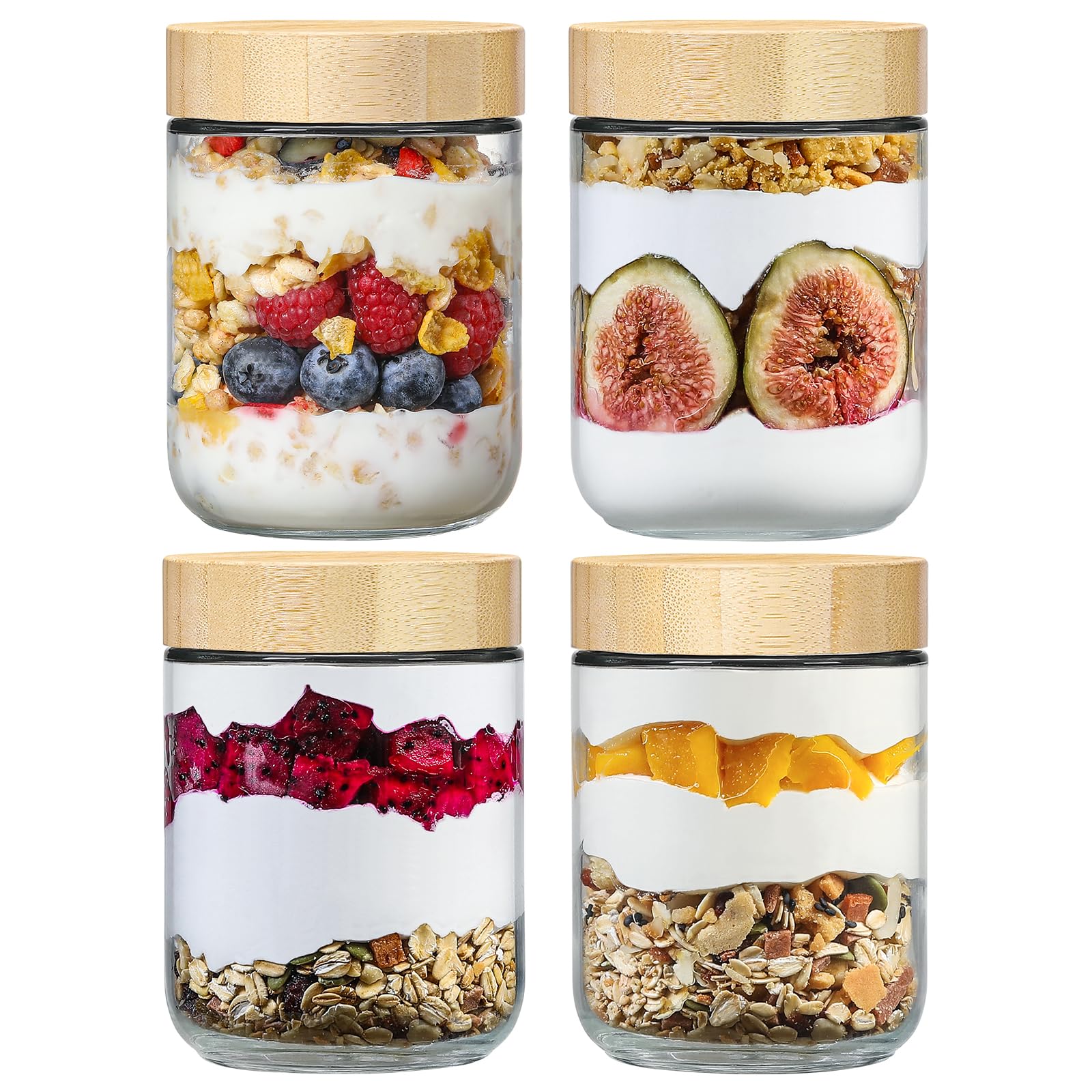 Photo 1 of (ONLY 2) NETANY 4-pack 16oz Glass jars with Airtight Lids, Overnight Oats Containers with Bamboo Lids, Wide mouth Mason Salad jars, Glass Food Storage Containers for Snacks Yogurt Spice Sugar