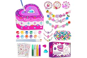JOTIKO Paint Your Own Jewelry Box & Bracelet Making Kit - Arts and Crafts Painting Kits for Kids Girls Age 6-8, 250 PCS Wooden Beads Jewelry Making Kit Toys Gifts for Christmas Birthday 8-12 Years Old