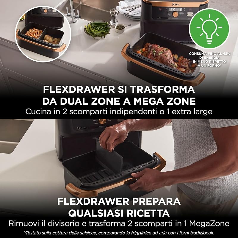FlexDrawer, Friggitrice ad Aria XL, Doppia Zona, 10,4L, Nero/Rame