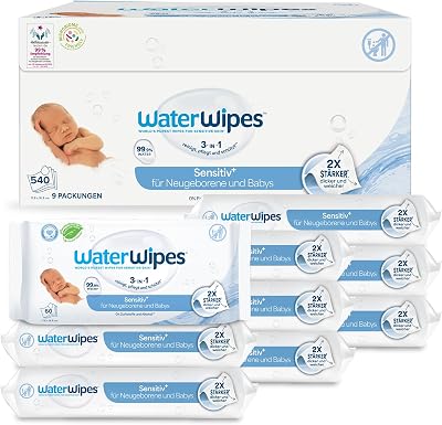 Sensitive+ Newborn & Baby Wipes, Feuchttücher für Neugeborene und Babys, 540 Stück (9 Packungen), 3-in-1-Reinigung, Pflege, Schutz, 99,9% Wasser, parfümfrei