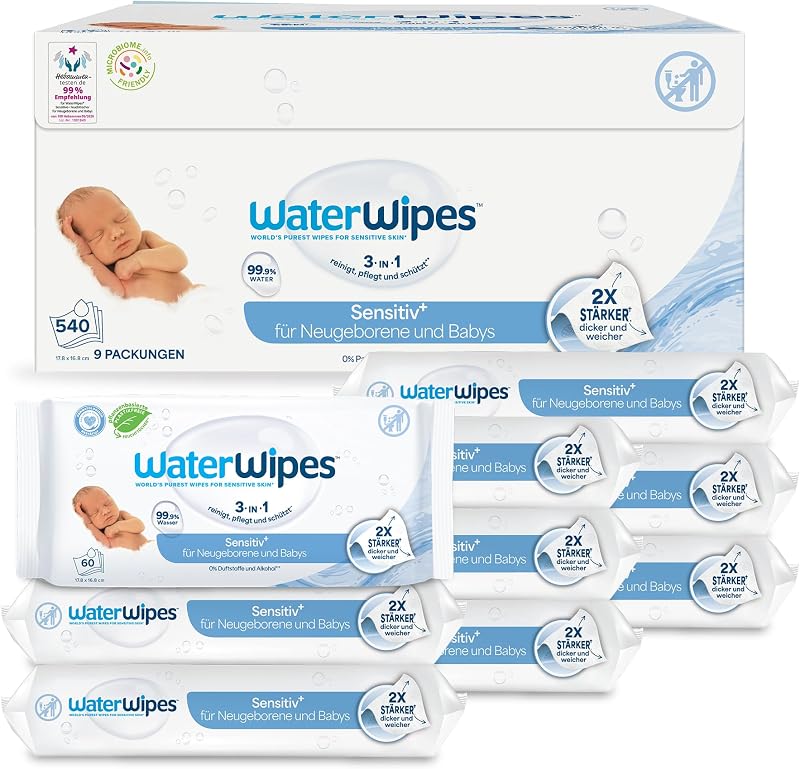 Sensitive+ Newborn & Baby Wipes, Feuchttücher für Neugeborene und Babys, 540 Stück (9 Packungen), 3-in-1-Reinigung, Pflege, Schutz, 99,9% Wasser, parfümfrei