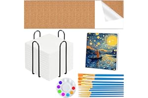 Fesorsi 12 Pcs Square Ceramic Tiles for Crafts, Ceramic Tiles 4x4 Inches with Iron Storage Shelf and Cork Backing Pads, Unglazed Ceramic Tile for Painting, Alcohol Ink, Acrylic Pouring