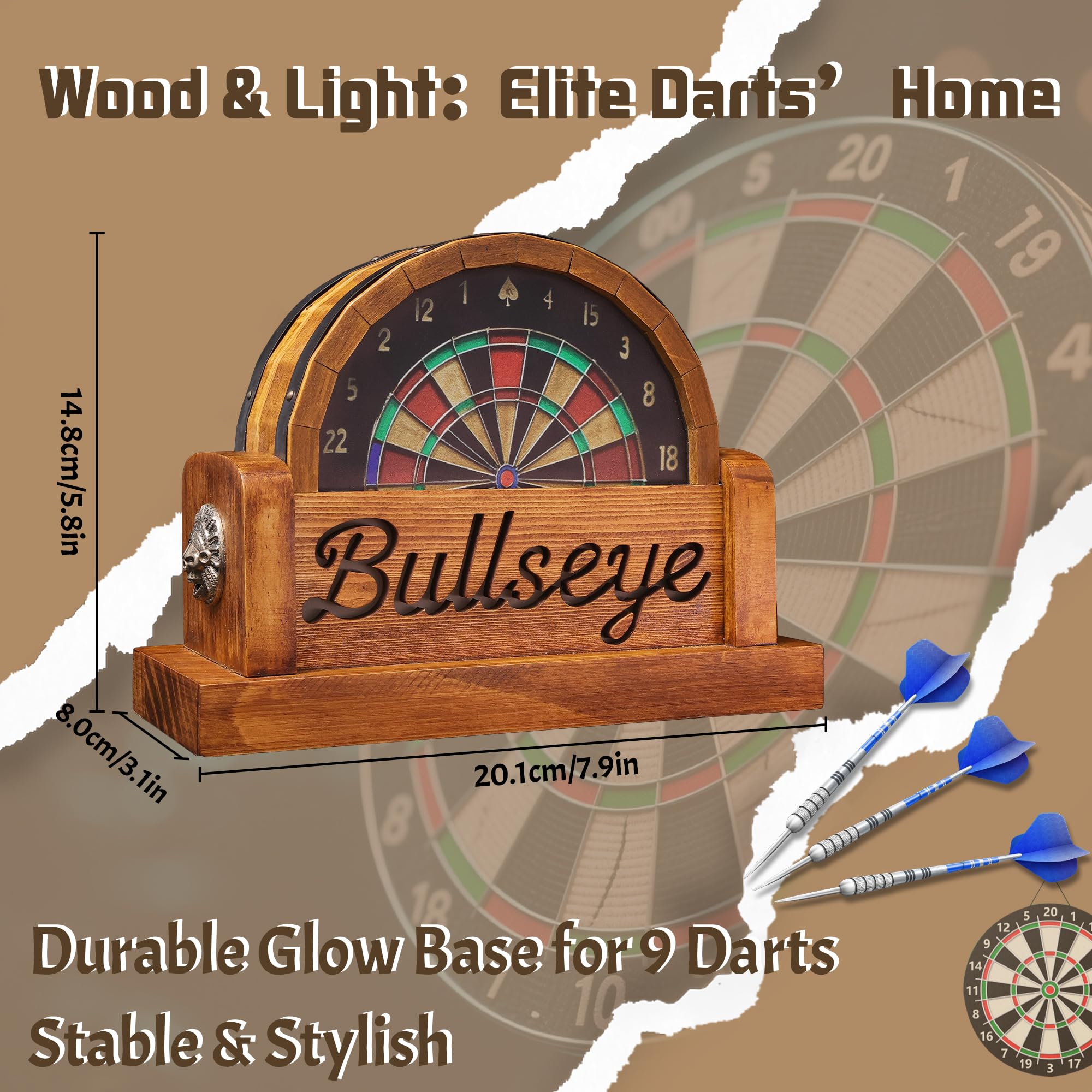 CoolGift Mart Beleuchteter Dart-Ständer, hölzerne Dart-Halter mit USB betrieben hält 9 Darts, Weihnachten Geburtstag Geschenke für Darts-Enthusiasten 5