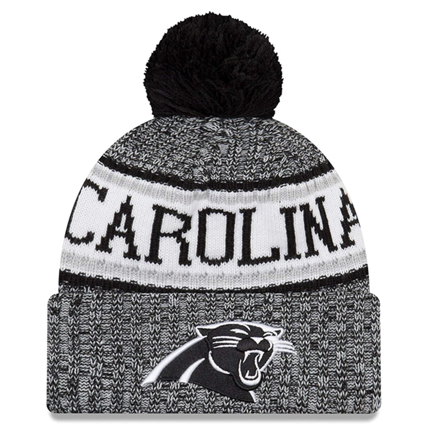 New Era Knit Carolina Panthers Black On Field Sideline Winter Stocking Beanie Pom Hat Cap 2015