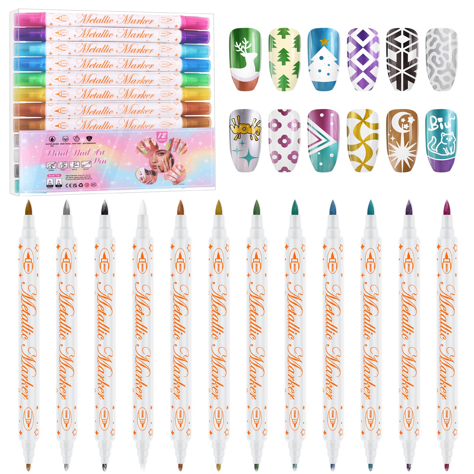 Photo 1 of 12 Colors 3D Nail Art Pens Set, Kalolary Double-headed Nail Point Graffiti Dotting Pen Quick Dry Long-last Acrylic Paint Markers for DIY Nail Art Design, Home & Salon Manicure Tools