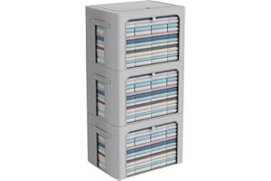 CYHOM 3Pack Frame Storage Box - Clothes Storage Bin Bags Oxford Fabric Foldable Stackable Container Organizer Set with Clear Window & Carry Handles (Grey, Extra Large-100L)