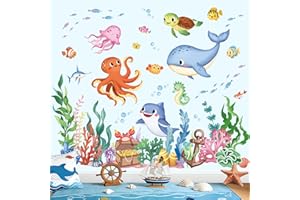 wondever Under The Sea Whale Dolphin Wall Stickers Ocean Seaweed Grass Octopus Sea Turtles Peel and Stick Wall Art Decals for
