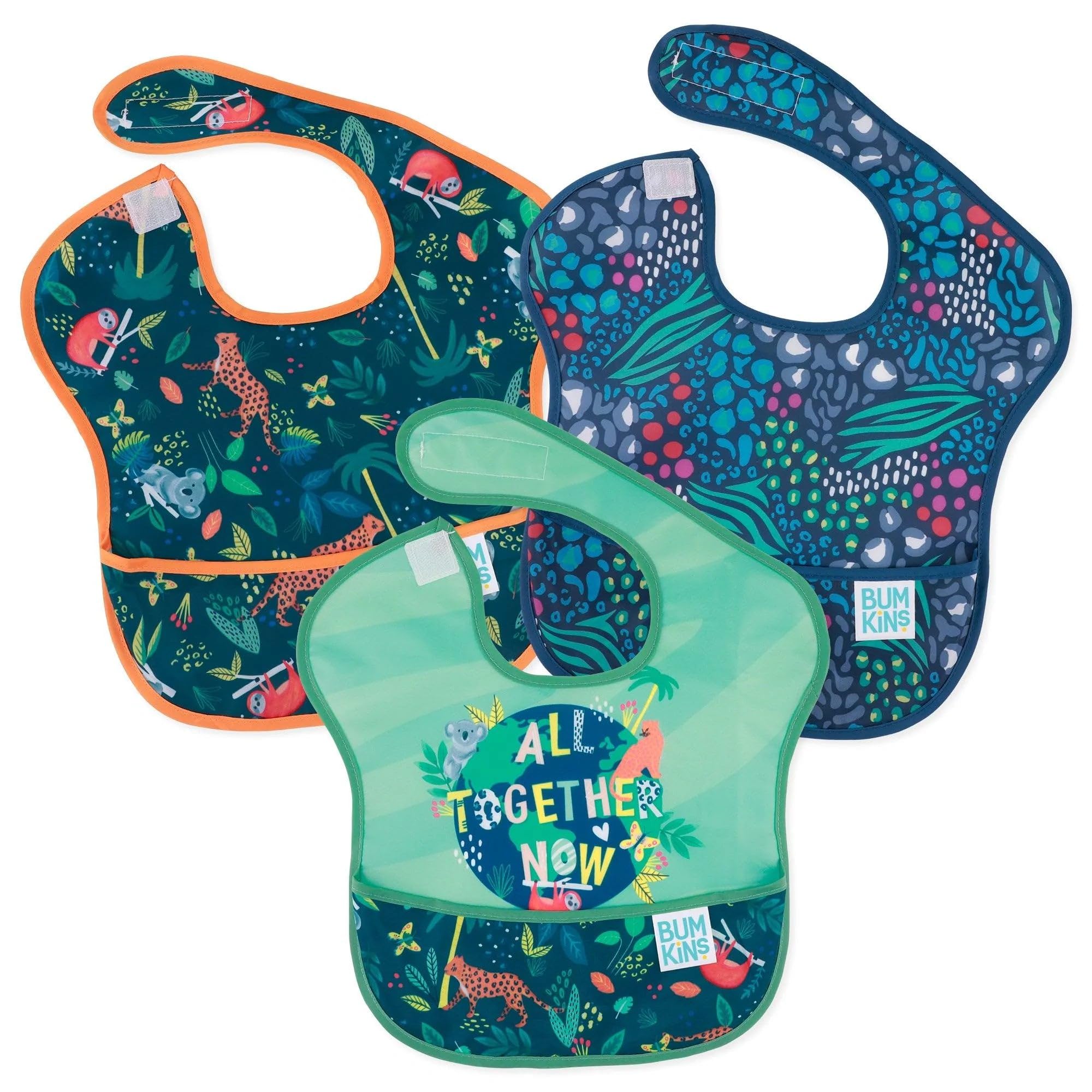 Bumkins SuperBib, Adjustable Hook & Loop Closure, Catch-All Pocket, Baby-Led Weaning, Waterproof, Machine Washable, Stain & Odour Resistant, BPA Free, 6-24 Months, 3-Pack, All Together Now Design