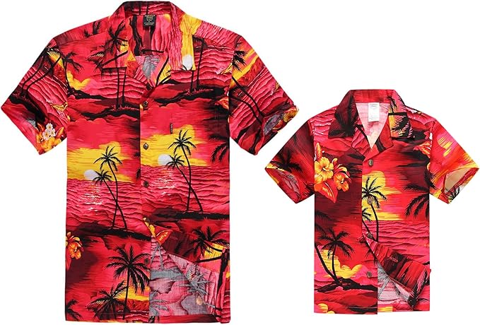 Amazon マッチング父の息子ハワイアンルアウ服装メンズシャツボーイシャツレッドサンセット シャツ 通販