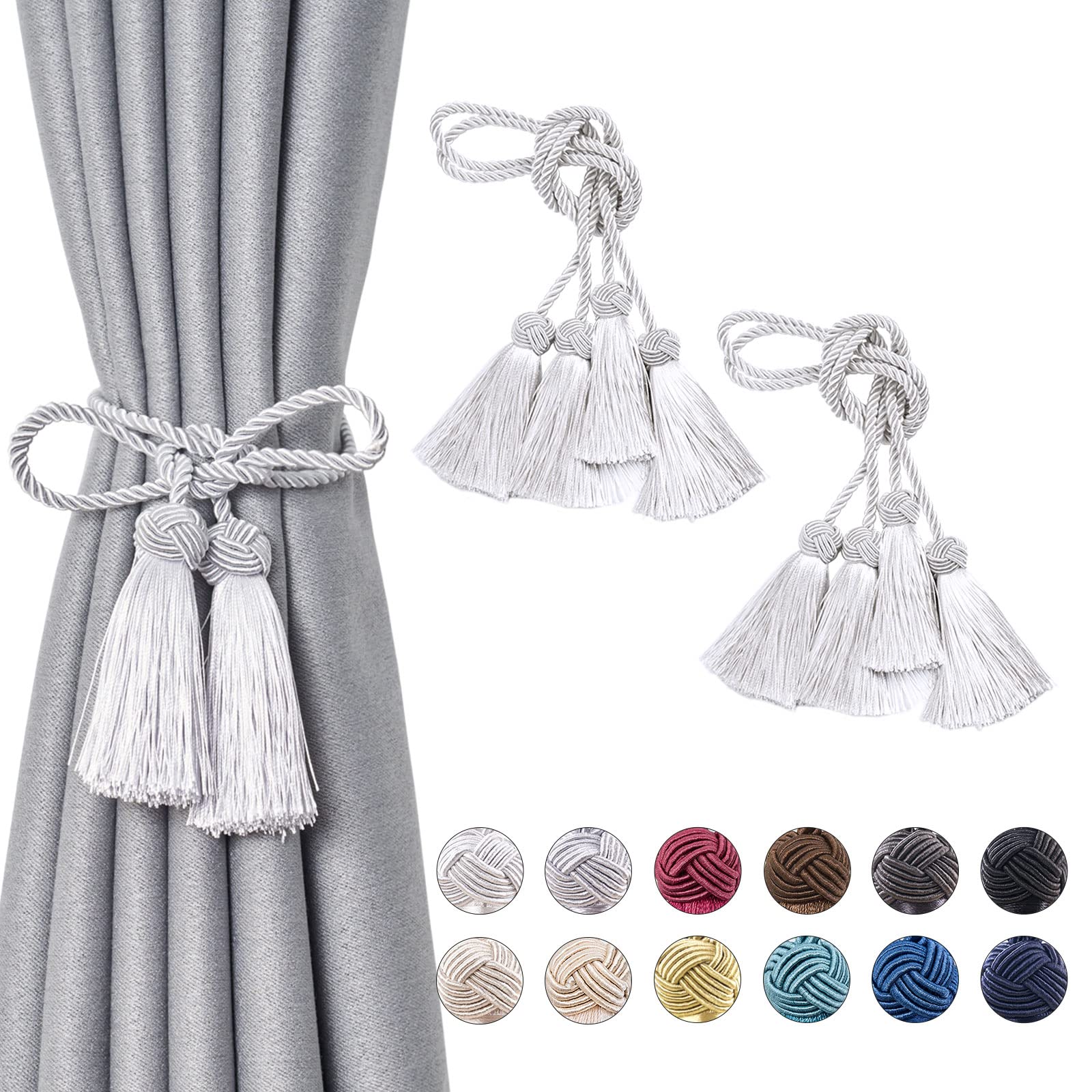 Pretty Jolly 4 Pack Double-ended Tassel Curtain Tiebacks Handmade Braided Rope Knot Drape Tie Backs European Style Decorative Curtain Holdbacks for Home & Office Window Drapery (Silver Grey)