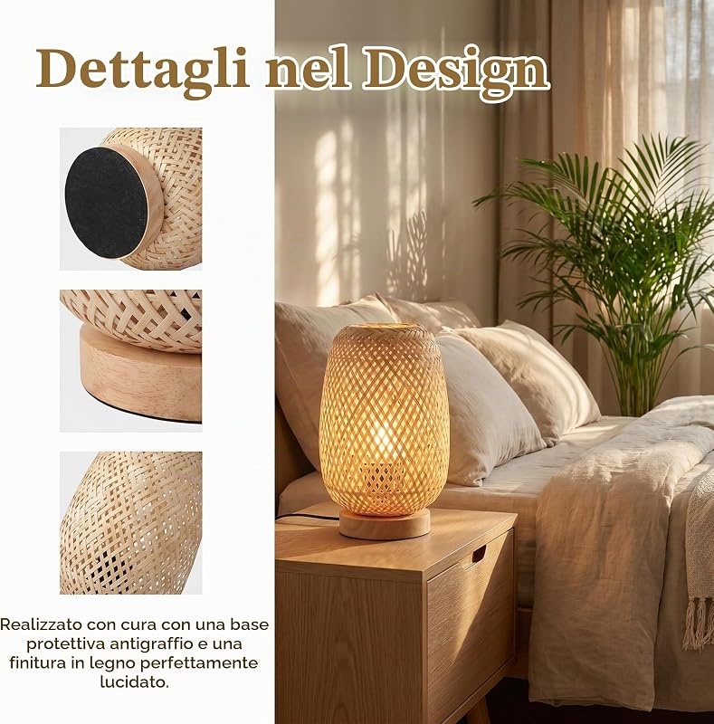 BARCELONA LED Lampada Da Tavolo Ruka In Vimini E Legno E27
