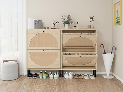 ZeHuoGe Rattan Shoe Cabinet with Flip Drawers, Modern 2-Tier