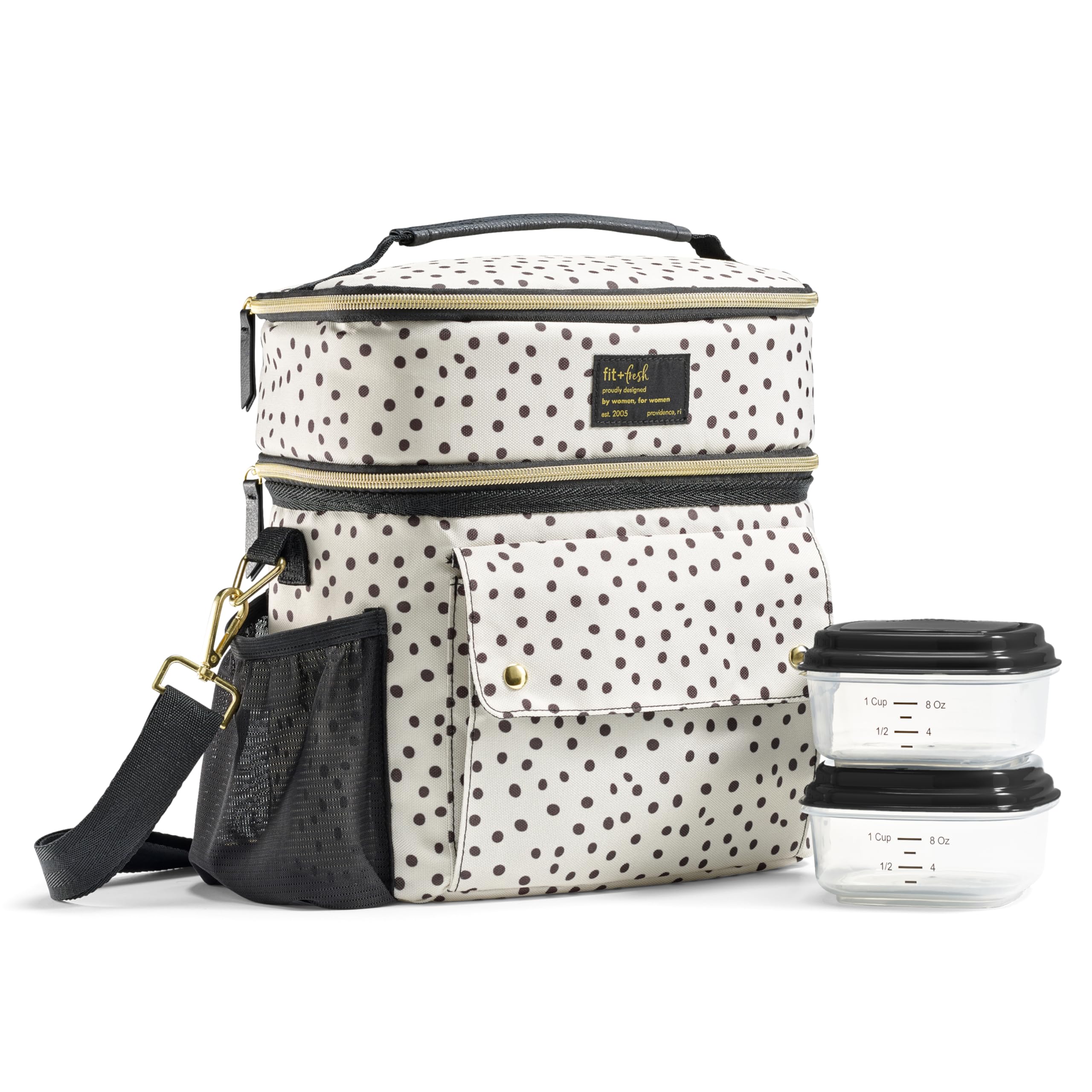 Fit & Fresh Dual Compartment Lunch Bag For Women, Insulated Extra Large Meal Prep Lunch Bag For Women With Matching Containers, Front Pocket, Adjustable Strap, Westminster Lunch Bag, Black & White Dot